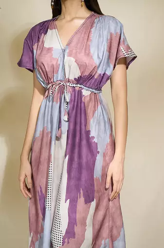 Brown purple printed kaftan dress with adjustable waist