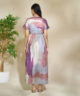 Brown purple printed kaftan dress with adjustable waist 5