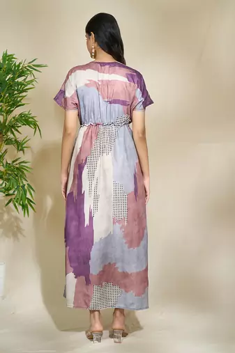 Brown purple printed kaftan dress with adjustable waist