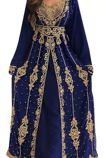 Grand Royal Blue Kaftan Gown with Gold Zari & Stone Work | Evening & Wedding Dress