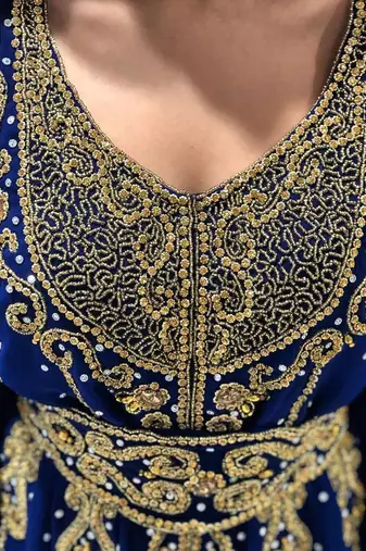 Grand Royal Blue Kaftan Gown with Gold Zari & Stone Work | Evening & Wedding Dress