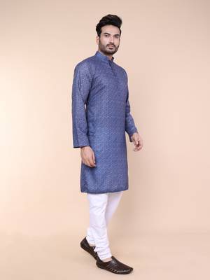 Men's blue cotton silk kurta 2