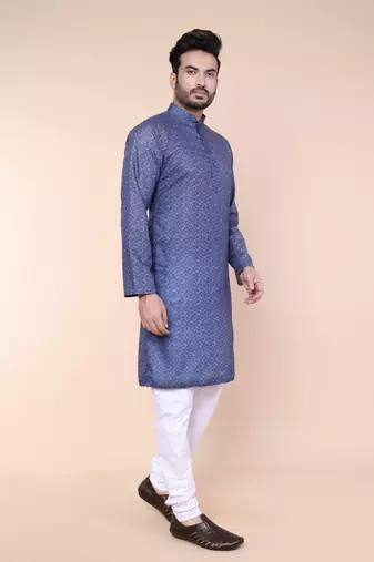 Men's blue cotton silk kurta