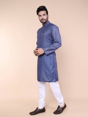 Men's blue cotton silk kurta 3