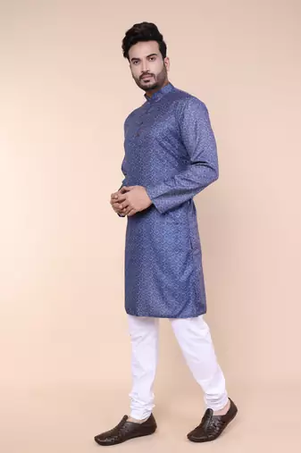 Men's blue cotton silk kurta