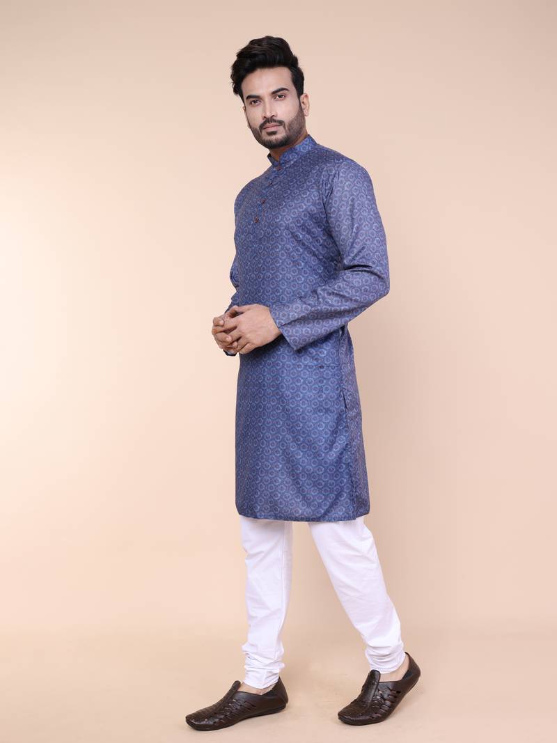 Men's blue cotton silk kurta