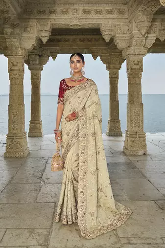 Banarasi silk blend weaving zari work cream classic saree