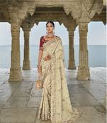 Banarasi silk blend weaving zari work cream classic saree