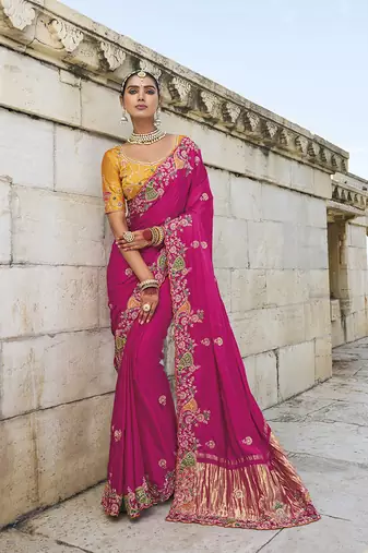Contemporary saree embroidered satin in rani pink