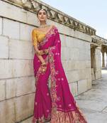 Contemporary saree embroidered satin in rani pink