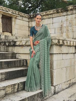 Sea green crush cutdana tissue saree 1
