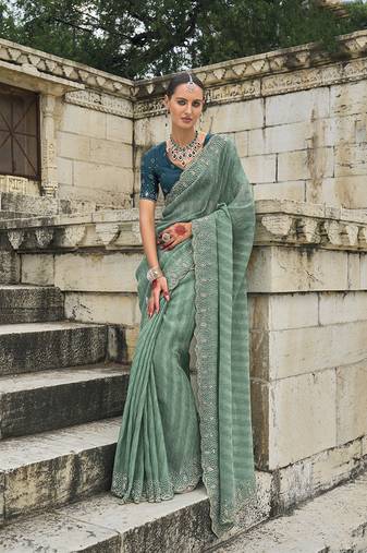 Sea green crush cutdana tissue saree
