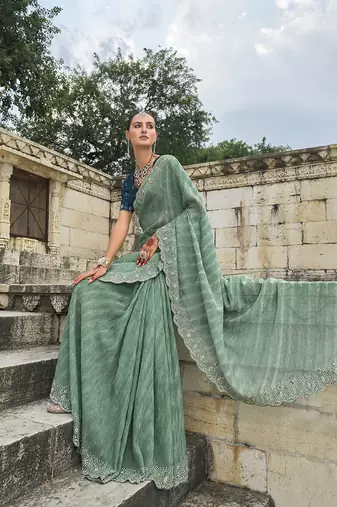 Sea green crush cutdana tissue saree