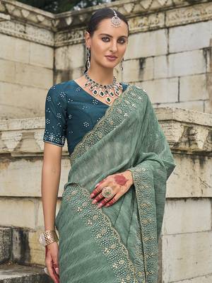 Sea green crush cutdana tissue saree 3