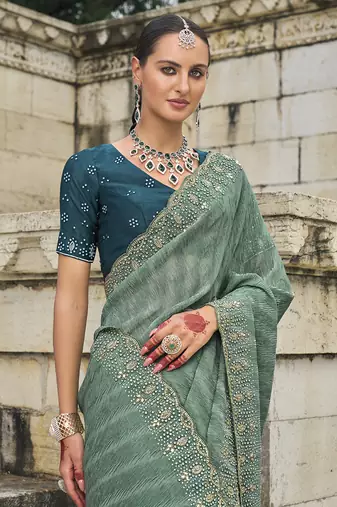Sea green crush cutdana tissue saree