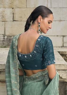Sea green crush cutdana tissue saree 4
