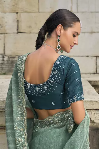 Sea green crush cutdana tissue saree