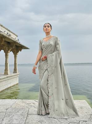 Banarasi silk blend grey embroidered saree 1