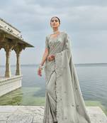 Banarasi silk blend grey embroidered classic saree