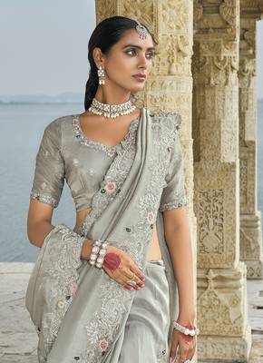 Banarasi silk blend grey embroidered saree 2