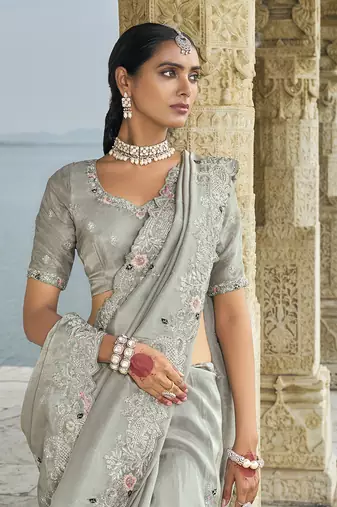 Banarasi silk blend grey embroidered saree
