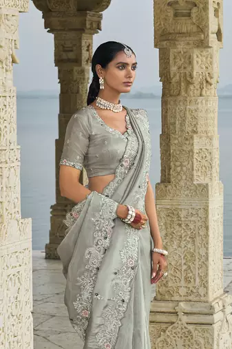 Banarasi silk blend grey embroidered saree