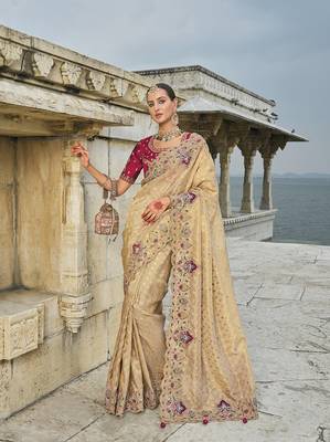 Kanjivaram silk Blend cream embroidered saree 1