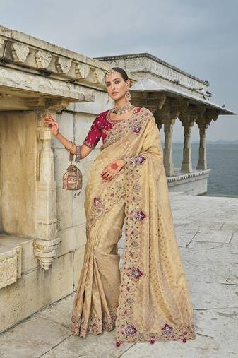 Kanjivaram silk Blend cream embroidered saree