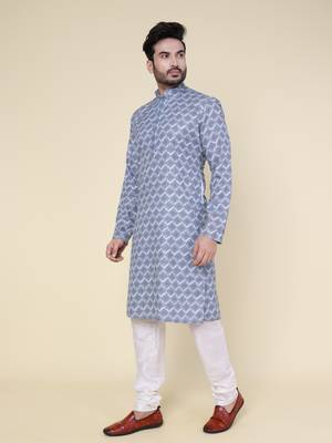 Men's grey silk blend kurta 3
