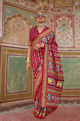 Silk Blend patola print saree in dark red