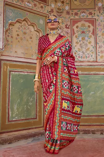 Silk Blend patola print saree in dark red