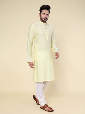 Men's yellow art silk kurta 2