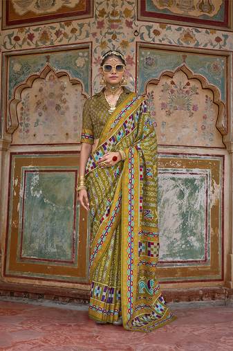 Silk Blend patola print saree in olive