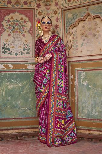 Silk Blend patola print saree in burgundy