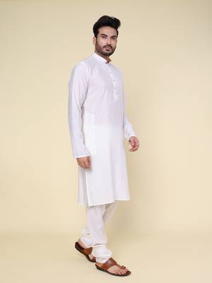 Men's cream art silk kurta 4