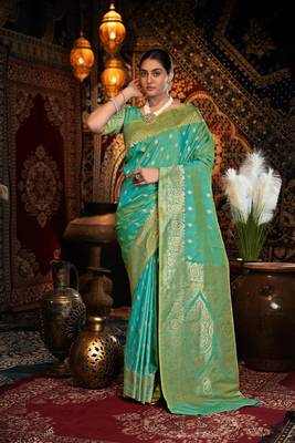 Green Banarasi silk blend with zari woven design 1