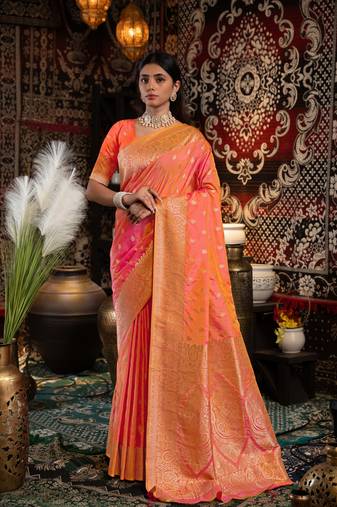 Peach Banarasi silk blend with zari woven design