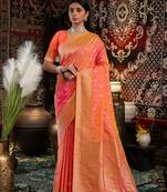 Peach Banarasi silk blend with zari woven design