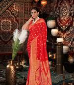 Red Banarasi silk blend with zari woven design