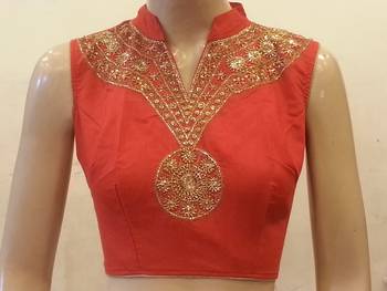 Red chanderi silk handwork blouse 1