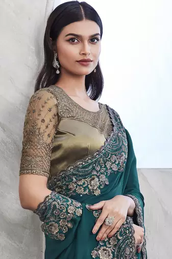 Teal Silk Traditional Embellished Saree,Sari Comes With Embroidered Blouse