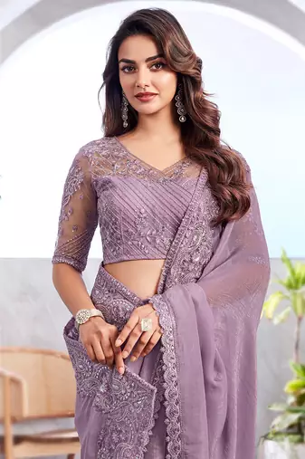 Lavender Silk Beautiful Embellished Saree,Sari Comes With Embroidered Blouse
