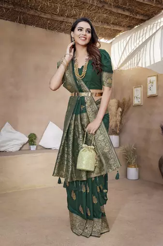 Green Banarasi Style Soft Silk blend Zari Border & Threads work Saree With Blouse