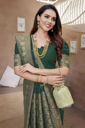 Green Banarasi Style Soft Silk blend Zari Border & Threads work Saree With Blouse