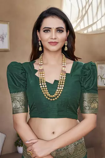 Green Banarasi Style Soft Silk blend Zari Border & Threads work Saree With Blouse