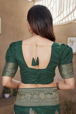 Green Banarasi Style Soft Silk blend Zari Border & Threads work Saree With Blouse 6