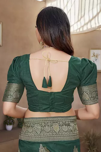 Green Banarasi Style Soft Silk blend Zari Border & Threads work Saree With Blouse