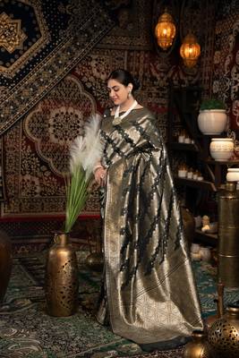 Black Banarasi silk blend with zari woven design 2