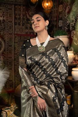 Black Banarasi silk blend with zari woven design 3