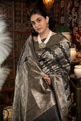 Black Banarasi silk blend with zari woven design 4